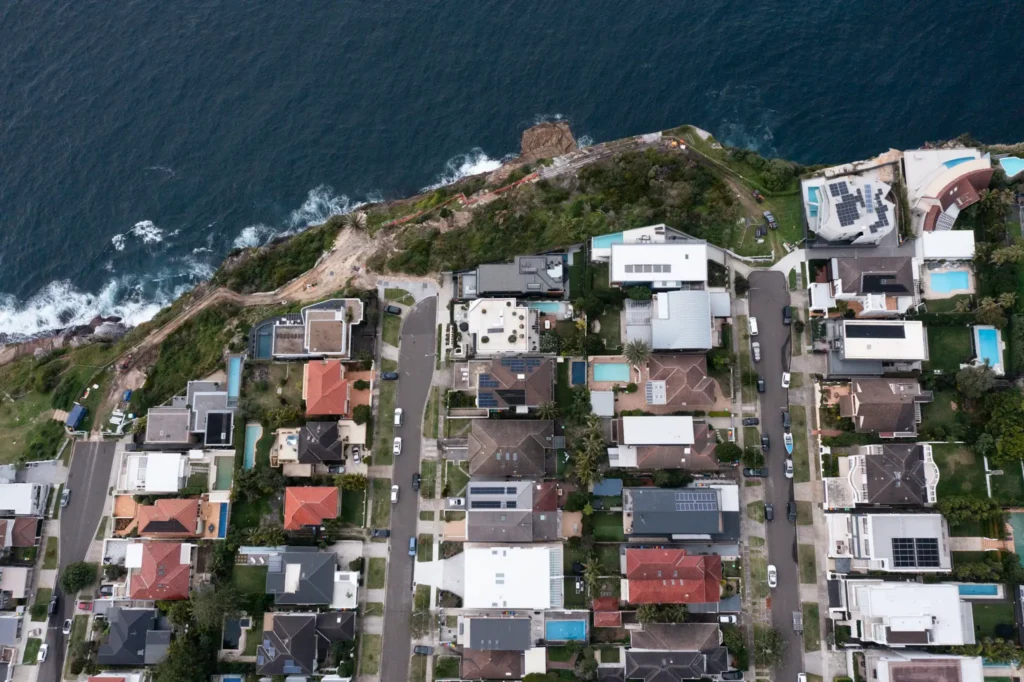 Drone capture of architecturally designed duplex exterior by Pamment Projects in Dover Heights