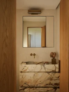 Pamment Projects Elizabeth Bay Apartment Ensuite Marble Hub Viola Vanity Vola Taps Vogue Living