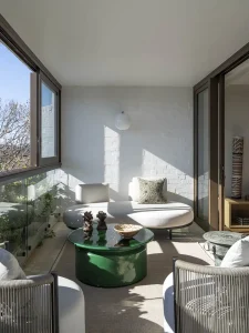 Pamment Projects Woollahra Apartment II Balcony Furniture Glazed Green Table