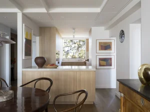Pamment Projects Woollahra Apartment II Kitchen Timber Island Bench Artworks Bentwood Walnut Chairs