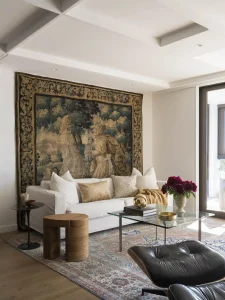 Pamment Projects Woollahra Apartment II Living Room Tapestry Wal Hanging Persian Rug White Sofa