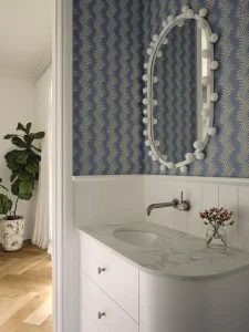 Pamment Projects Woollahra Apartment Powder Room Vanity Blue Wallpaper Rachel Donath Mirror
